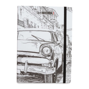 Image of front cover of artwork notebook, features sketch of car in black and white with black band running from top to  bottom on right side