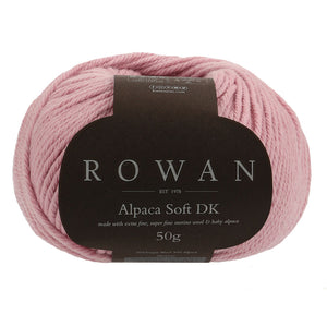 Rowan Alpaca Soft DK yarn in color Hyacinth with brown label on white background