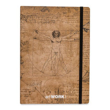 Load image into Gallery viewer, Image of tan cover of artwork notebook with sketch of human form in middle, black band on right side of cover