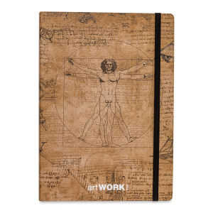 Image of tan cover of artwork notebook with sketch of human form in middle, black band on right side of cover