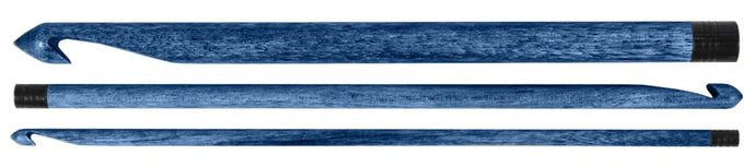 3 differently sized smooth blue Indigo Crochet Hooks with largest on top and smallest on bottom shown on white background; Sharp points on hooks and black caps on ends 