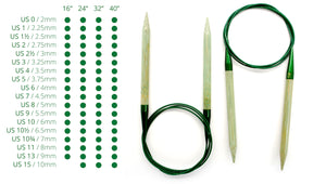 16" Bamboo Grove Circular Knitting Needles size chart for needle diameter and cable length