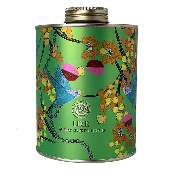 Bright green canister with colorful flowers and two blue birds reads 