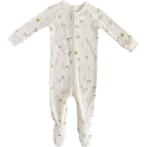 White footed zipper sleeper with images of prancing woodland animals covering it on white background