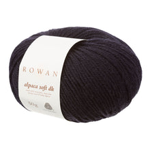 Load image into Gallery viewer, Rowan Alpaca Soft DK yarn in color Simply Black with white label on white background