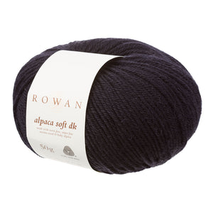 Rowan Alpaca Soft DK yarn in color Simply Black with white label on white background