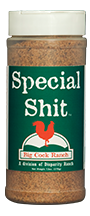 Load image into Gallery viewer, Green bottle label, white lettering, white cap and red chicken logo. Seasoning name; "Special shit"