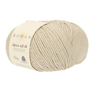 Rowan Alpaca Soft DK yarn in color Stone with white label on white background